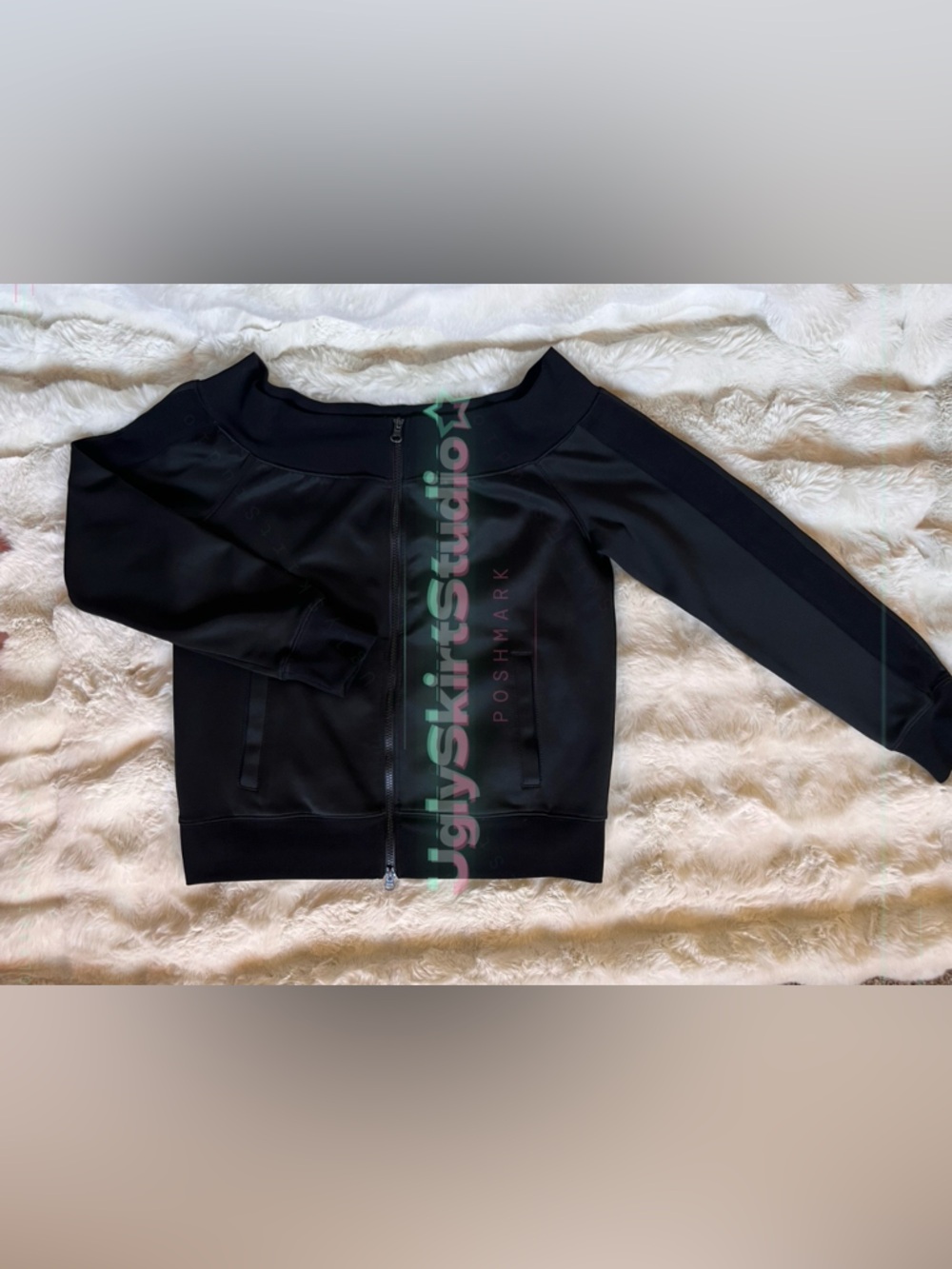 Pam & Gela Off-Shoulder Black Athletic Zip-Up Sweater Women’s Size Medium